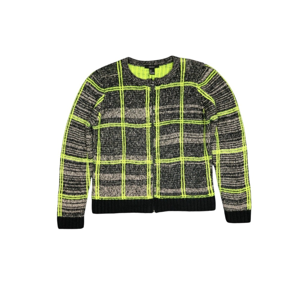 Forever 21 Neon Plaid Zip Up Sweater Size L